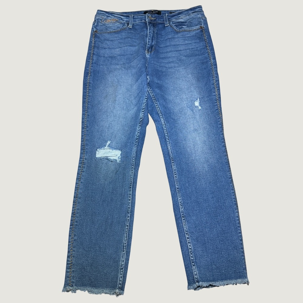 Judy Blue Boyfriend Fit Jeans Women 13/31 Distressed Raw Hem Embroidered Seams